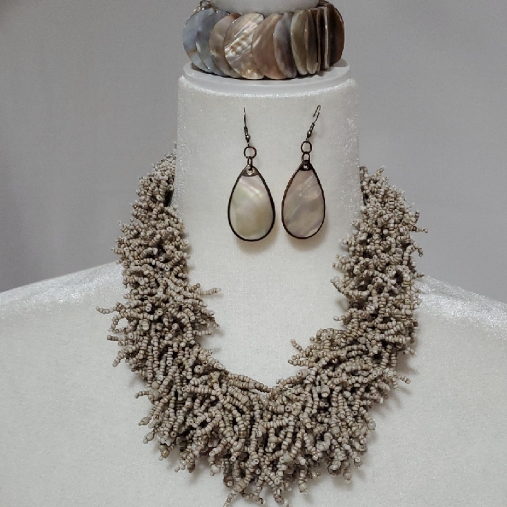Cream and Brown Textural Necklace Set with Fringe Elements